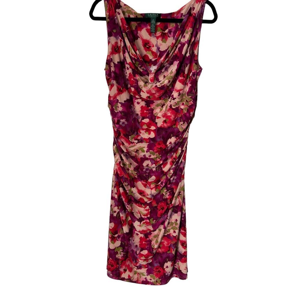 Lauren‎ Ralph Lauren Dress Size 14 Multicolor Floral Ruched Cowl Neck Sleeveless